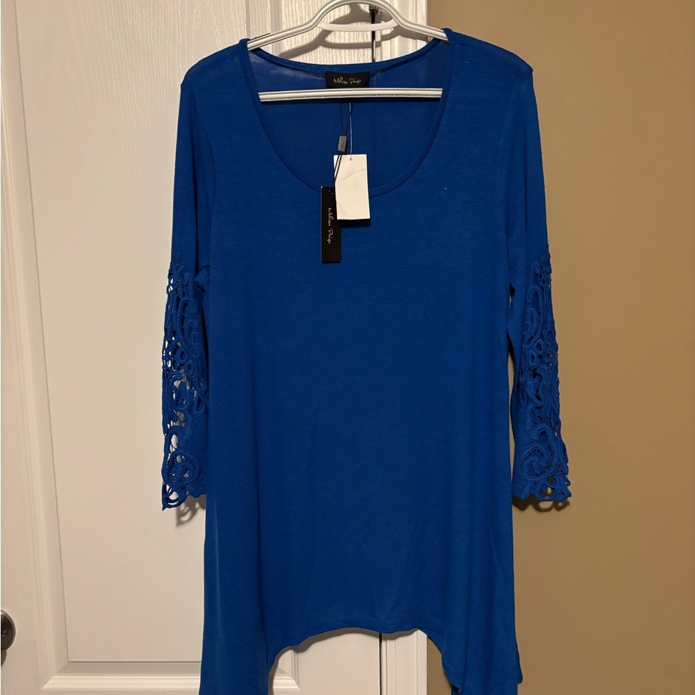 Melissa Paige Royal Blue Crochet Sleeve Tunic Size XL - Picture 1 of 6